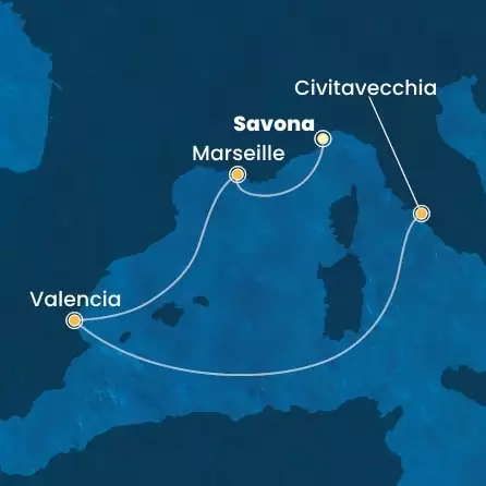 COSTA PACIFICA - itinerár  3 nocí odchod z SAVONA dňa 30/03/2026 - Italy, France, Spain