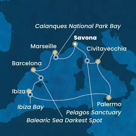 COSTA TOSCANA - itinerár  6 nocí odchod z SAVONA dňa 10/08/2025 - Italy, France, Spain, Balearic Islands