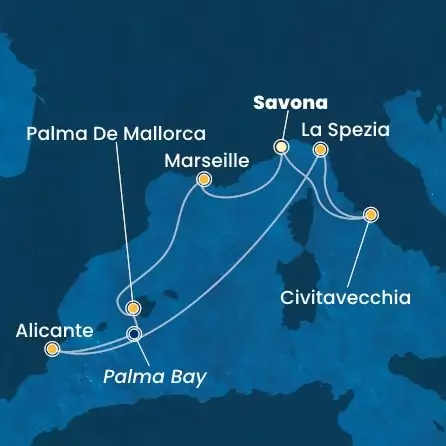 COSTA PACIFICA - itinerár  6 nocí odchod z SAVONA dňa 12/04/2026 - Italy, France, Balearic Islands, Spain