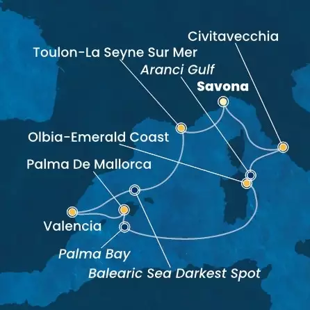 COSTA PACIFICA - itinerár  6 nocí odchod z SAVONA dňa 09/08/2025 - Italy, France, Spain, Balearic Islands
