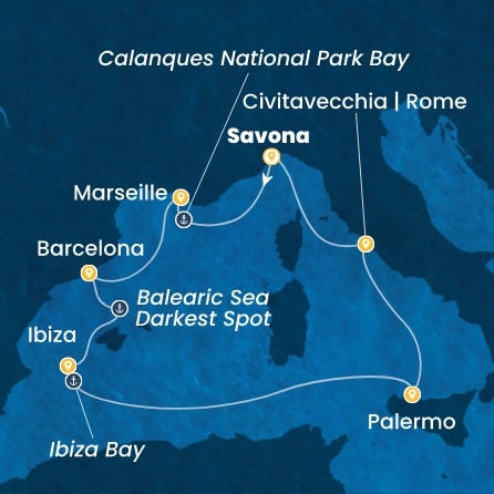 COSTA SMERALDA - itinerár  6 nocí odchod z SAVONA dňa 05/09/2026 - Italy, France, Spain, Balearic Islands