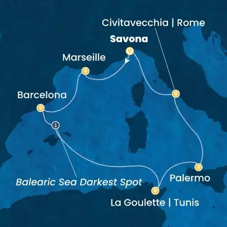 COSTA PACIFICA - itinerár  6 nocí odchod z SAVONA dňa 18/10/2026 - Italy, France, Spain, Tunisia