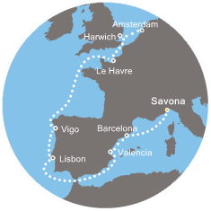 COSTA MAGICA - itinerár  8 nocí odchod z SAVONA dňa 28/04/2018 - Italy, Spain, Portugal, France, England, Netherlands