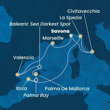 COSTA PACIFICA - itinerár  7 nocí odchod z SAVONA dňa 04/04/2026 - Italy, France, Spain, Balearic Islands