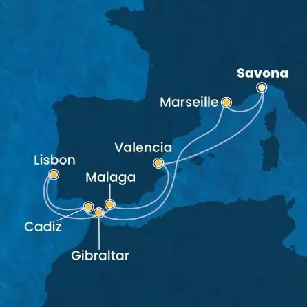 COSTA FAVOLOSA - itinerár  9 nocí odchod z SAVONA dňa 31/10/2024 - Italy, France, Gibraltar, Portugal, Spain