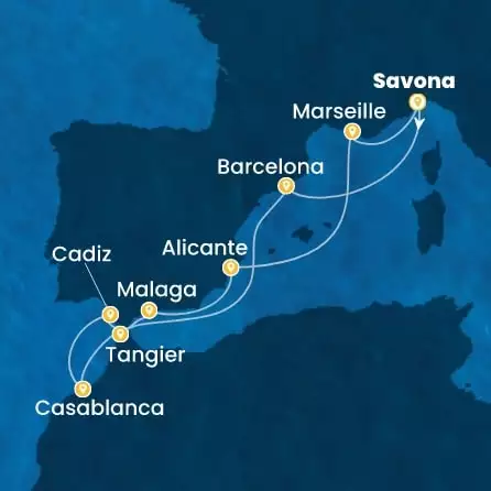 COSTA DIADEMA - itinerár  9 nocí odchod z SAVONA dňa 22/09/2027 - Italy, Spain, Morocco, France