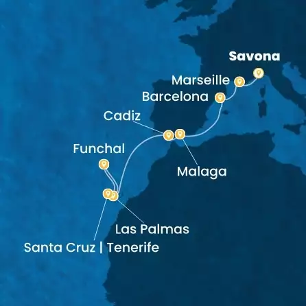 COSTA SMERALDA - itinerár  9 nocí odchod z SAVONA dňa 12/11/2026 - Italy, France, Spain, Canary Islands, Madeira 