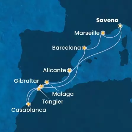 COSTA FORTUNA - itinerár  10 nocí odchod z SAVONA dňa 30/04/2025 - Italy, Spain, Morocco, Gibraltar, France