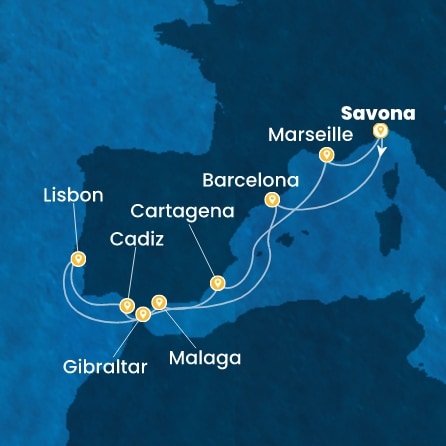 COSTA DIADEMA - itinerár  10 nocí odchod z SAVONA dňa 27/09/2026 - Italy, Spain, Portugal, Gibraltar, France