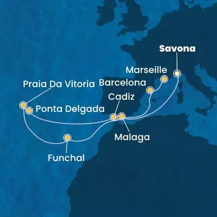 COSTA FORTUNA - itinerár  12 nocí odchod z SAVONA dňa 11/05/2025 - Italy, Spain, Madeira , The Azores, France