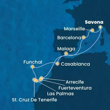 COSTA FORTUNA - itinerár  13 nocí odchod z SAVONA dňa 25/05/2025 - Italy, Spain, Canary Islands, Madeira , Morocco, France