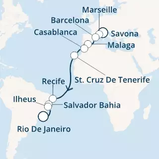 COSTA FAVOLOSA - itinerár  16 nocí odchod z SAVONA dňa 02/11/2021 - Italy, France, Spain, Morocco, Canary Islands, Brazil