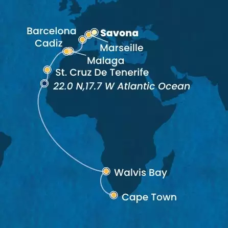 COSTA TOSCANA - itinerár  19 nocí odchod z SAVONA dňa 13/11/2025 - Italy, France, Spain, Canary Islands, Namibia, South Africa