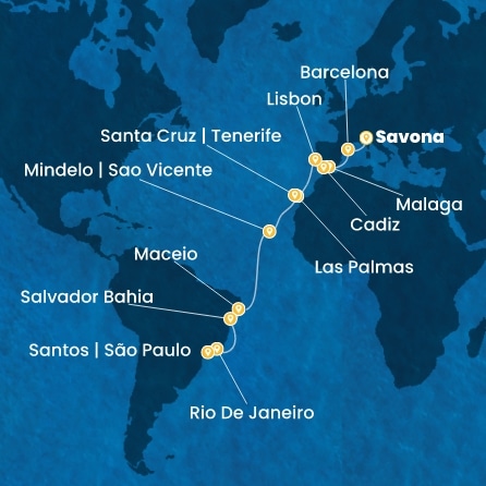 COSTA DIADEMA - itinerár  21 nocí odchod z SAVONA dňa 02/11/2026 - Italy, Spain, Portugal, Canary Islands, Cape Verde, Brazil