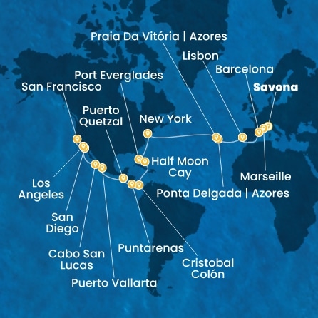 COSTA DELIZIOSA - itinerár  39 nocí odchod z SAVONA dňa 25/11/2026 - Italy, France, Spain, Portugal, The Azores, United States, Florida (USA), Mexico, USA