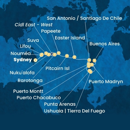 COSTA SERENA - itinerár  40 nocí odchod z SYDNEY dňa 12/11/2026 - Australia, New Caledonia, Fiji, Tonga, Polynesia, Chile, Argentina