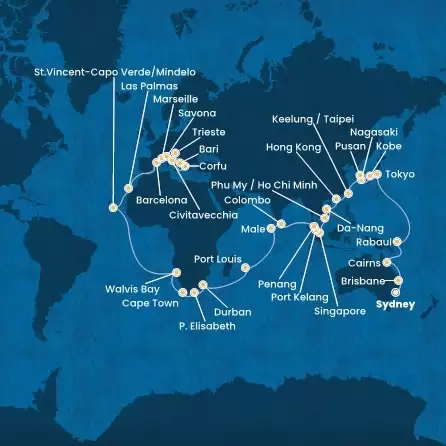 COSTA DELIZIOSA - itinerár  78 nocí odchod z SYDNEY dňa 22/01/2026 - Australia, Japan, South Korea, Taiwan, China, Vietnam, Singapore, Malaysia, Sri Lanka, Maldives, Mauritius, South Africa