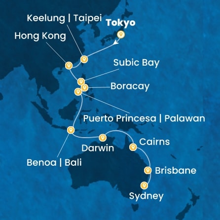 COSTA SERENA - itinerár  25 nocí odchod z TOKYO dňa 18/10/2026 - Japan, Taiwan, China, Philippines, Australia