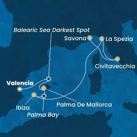COSTA PACIFICA - itinerár  5 nocí odchod z VALENCIA dňa 06/04/2026 - Spain, Balearic Islands, Italy