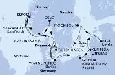 Copenhagen,Warnemunde,Stavanger,Bergen,Kristiansand,Oslo,Copenhagen,Warnemunde,Gdynia,Klaipeda,Riga,Stockholm,Copenhagen
