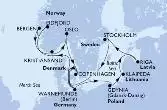 Copenhagen,Warnemunde,Eidfjord,Bergen,Kristiansand,Oslo,Copenhagen,Warnemunde,Gdynia,Klaipeda,Riga,Stockholm,Copenhagen