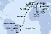Santos,Rio de Janeiro,Maceio,Mindelo,Funchal,Lisbon,Tangier,Malaga,Palma de Mallorca,Barcelona,Marseille,Genoa,Naples,Palermo,Valletta