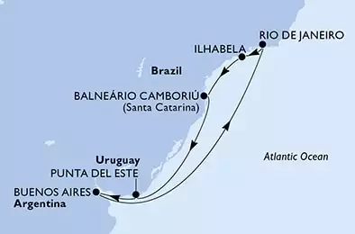 MSC SPLENDIDA - itinerár  8 nocí odchod z Buenos Aires Argentina dňa 29/02/2028 - Buenos Aires,Rio de Janeiro,Ilhabela,Balneario Camboriu,Punta Del Este,Buenos Aires