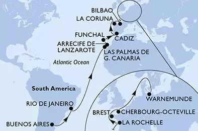 MSC SPLENDIDA - itinerár  24 nocí odchod z Buenos Aires Argentina dňa 01/04/2028 - Buenos Aires,Rio de Janeiro,Las Palmas de G.Canaria,Arrecife de Lanzarote,Funchal,Cadiz,La Coruna,Bilbao,La Rochelle,Brest,Cherbourg,Warnemunde