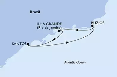 MSC DIVINA - itinerár  4 nocí odchod z Santos Brazil dňa 06/03/2028 - Santos,Buzios,Ilha Grande,Santos