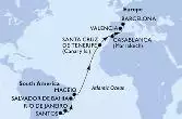 Santos,Rio de Janeiro,Salvador,Maceio,Santa Cruz de Tenerife,Casablanca,Valencia,Barcelona