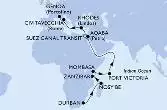 Durban,Nosy Be,Zanzibar,Mombasa,Port Victoria,Aqaba,Suez Canal South,Suez Canal North,Rhodes,Civitavecchia,Genoa