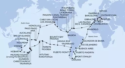 MSC MAGNIFICA - itinerár  121 nocí odchod z Genoa (Portofino) Italy dňa 05/01/2027 - Italy,France,Spain,Gibraltar,Morocco,Cape Verde,Brazil,Argentina,Falkland Islands (Malvinas),Chile,Pitcairn,French Polynesia,Cook Islands,New Zealand,Australia,New Caledonia,Vanuatu,Samoa,American Samoa,United States,Mexico,Costa Rica,Panama,Dominican Republic,Virgin Islands,Netherlands Antilles