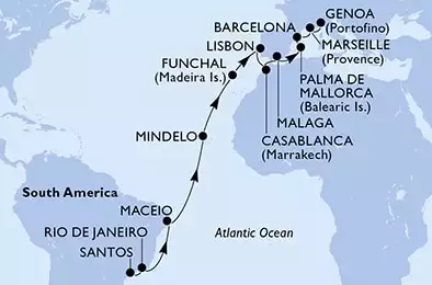 MSC SEAVIEW - itinerár  23 nocí odchod z Santos Brazil dňa 07/03/2027 - Brazil,Cape Verde,Portugal,Morocco,Spain,France,Italy