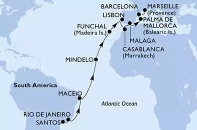 MSC SEAVIEW - itinerár  22 nocí odchod z Santos Brazil dňa 07/03/2027 - Brazil,Cape Verde,Portugal,Morocco,Spain,France