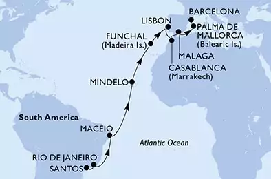 MSC SEAVIEW - itinerár  21 nocí odchod z Santos Brazil dňa 07/03/2027 - Brazil,Cape Verde,Portugal,Morocco,Spain