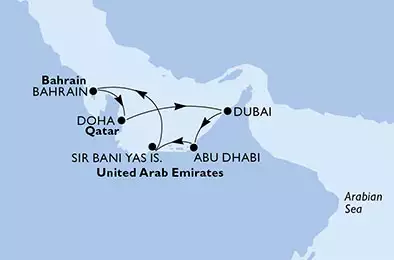 MSC BELLISSIMA - itinerár  7 nocí odchod z Dubai, Vereinigte Arabische Emirate dňa 15/02/2020 - Vereinigte Arabische Emirate, Bahrain, Katar