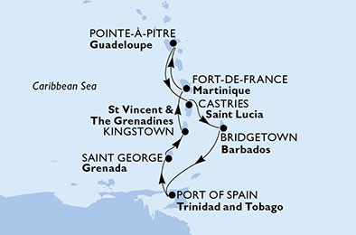 MSC PREZIOSA - itinerár  7 nocí odchod z Fort de France, Martinique dňa 15/02/2020 - Martinique, Guadalupe, Saint Lucia, Barbados, Trinidad und Tobago, Grenada, St. Vincent und die Grenadinen