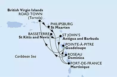 MSC PREZIOSA - itinerár  7 nocí odchod z Fort de France, Martinique dňa 07/03/2020 - Martinique, Guadalupe, Virgin Islands (British), St. Maarten, Dominica, Saint Kitts - Nevis, Antigua-Barbuda