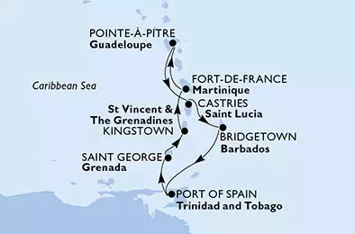 MSC PREZIOSA - itinerár  7 nocí odchod z Pointe-à-Pitre, Guadalupe dňa 16/02/2020 - Guadalupe, Saint Lucia, Barbados, Trinidad und Tobago, Grenada, St. Vincent und die Grenadinen, Martinique