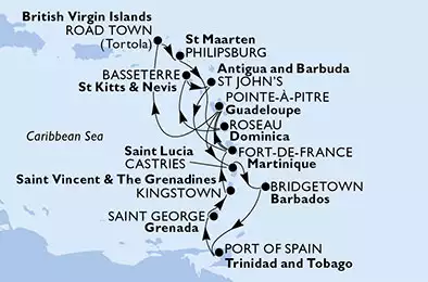 Martinique, Guadalupe, Virgin Islands (British), St. Maarten, Dominica, Saint Kitts - Nevis, Antigua-Barbuda, Saint Lucia, Barbados, Trinidad und Tobago, Grenada, St. Vincent und die Grenadinen