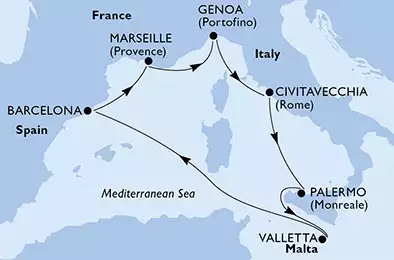 MSC GRANDIOSA - itinerár  7 nocí odchod z Barcelona, Spanien dňa 20/02/2020 - Spanien, Frankreich, Italien, Malta