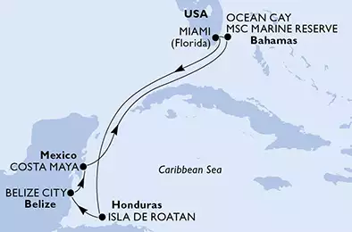 MSC MERAVIGLIA - itinerár  7 nocí odchod z Miami, USA dňa 16/02/2020 - USA, Honduras, Belize, Mexiko, Bahamas