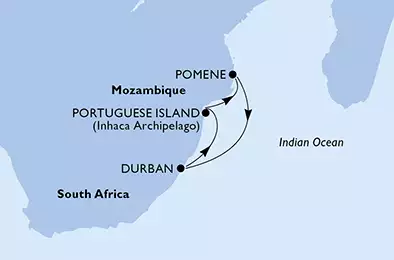 MSC ORCHESTRA  - itinerár  4 nocí odchod z Durban, South Africa dňa 17/02/2020 - South Africa, Mozambique