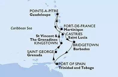 MSC PREZIOSA - itinerár  7 nocí odchod z Pointe-a-Pitre, Guadeloupe dňa 29/03/2020 - Guadeloupe, Saint Lucia, Barbados, Trinidad and Tobago, Grenada, Saint Vincent & The Grenadines, Martinique