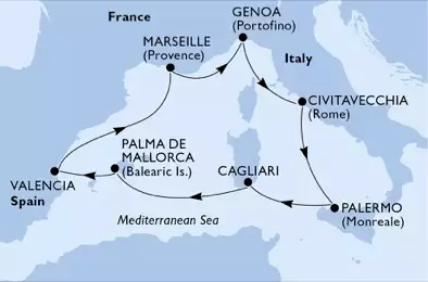 MSC FANTASIA - itinerár  7 nocí odchod z Palermo, Italy dňa 17/08/2020 - Italy, Spain, France