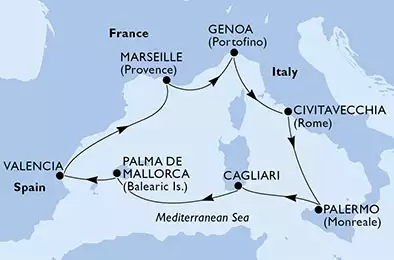 MSC FANTASIA - itinerár  7 nocí odchod z Cagliari, Italy dňa 18/08/2020 - Italy, Spain, France