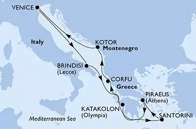 MSC MUSICA - itinerár  7 nocí odchod z Brindisi, Italy dňa 17/08/2020 - Italy, Greece, Montenegro