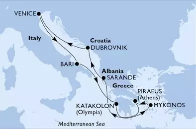 MSC ORCHESTRA  - itinerár  7 nocí odchod z Bari, Italy dňa 12/07/2020 - Italy, Greece, Albania, Croatia