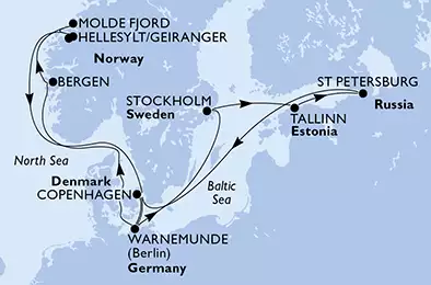 MSC POESIA - itinerár  14 nocí odchod z Copenhagen, Denmark dňa 11/07/2020 - Denmark, Germany, Sweden, Estonia, Russian Federation, Norway