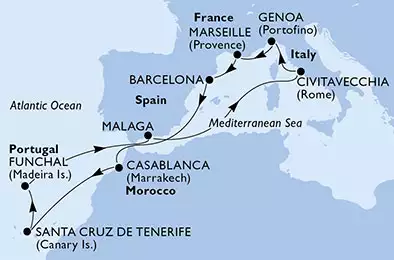 MSC POESIA - itinerár  12 nocí odchod z Civitavecchia, Italy dňa 02/11/2020 - Italy, France, Spain, Morocco, Portugal